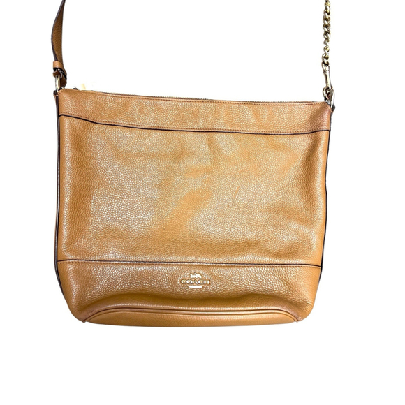 Coach Pebbled Leather Crossbody Shoulder Bag Camel Tan Chain Strap 12x12x4 - Picture 2 of 11